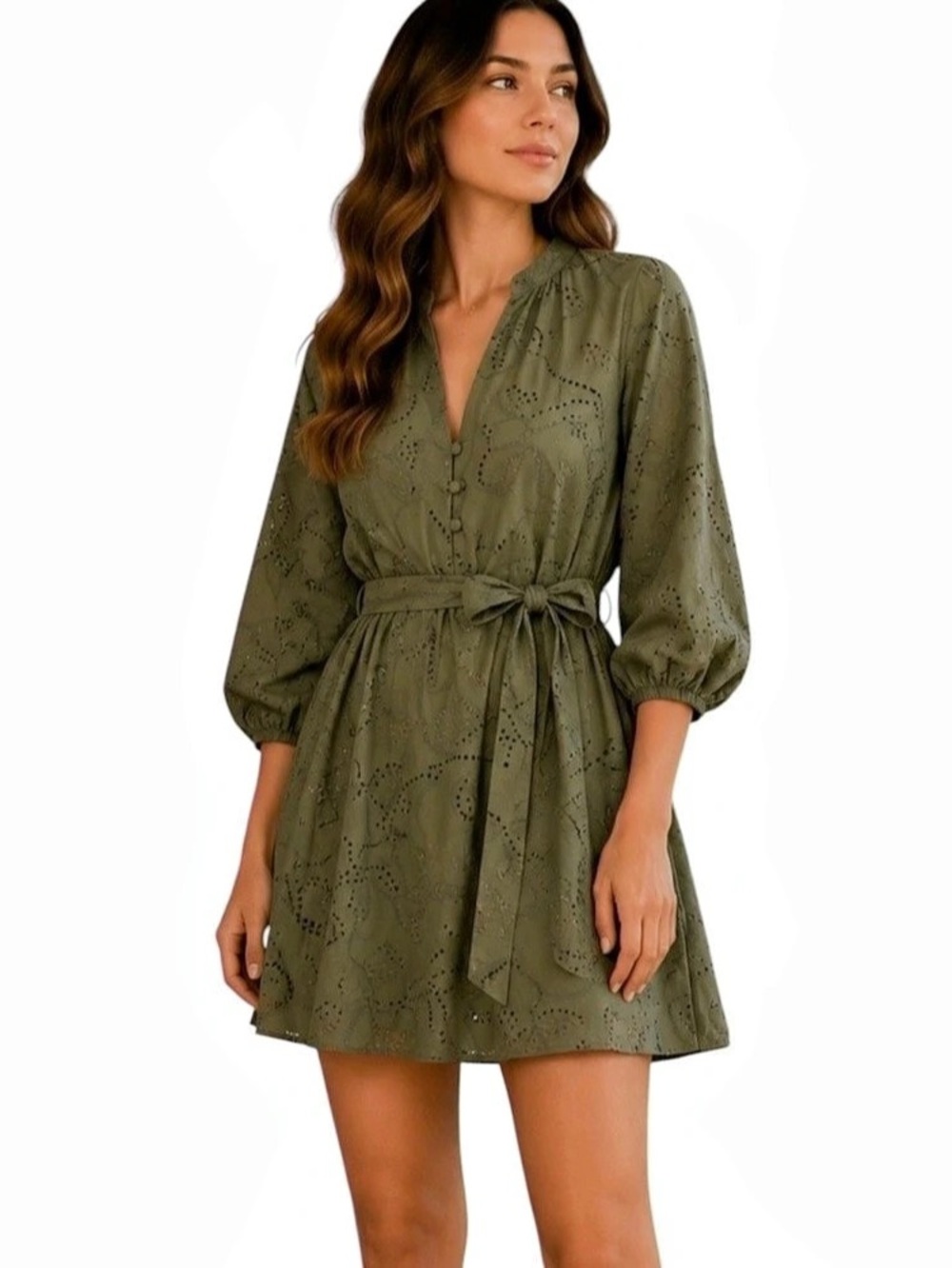 Zara Rubberized Openwork
Embroidery Eyelet Belted Dress in Olive Green size M